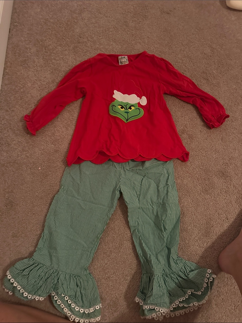 3 piece Girls' Red Grinch Holiday Top with Green Gingham Ruffle Pants & bloomer